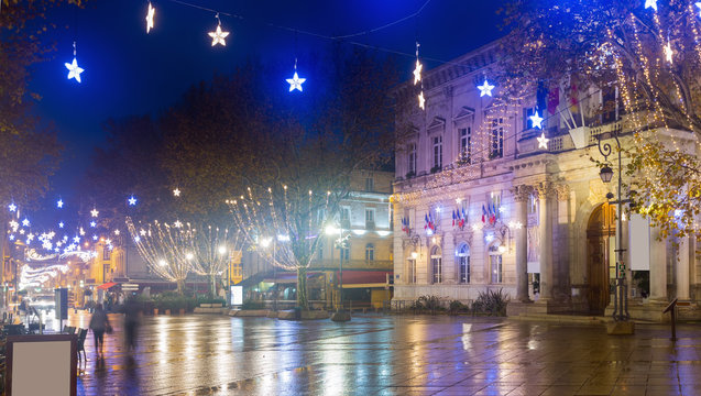 New Year's Illuminated Streets Of Avignon  At Evening, France