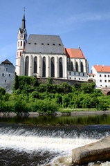 Church and River Vltava in Cesky Krumlov in the Czech Republic