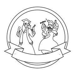 young couple students graduated celebrating in circular frame