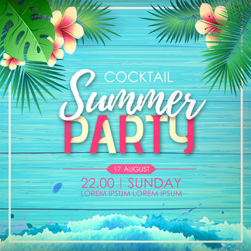 Typography summer beach cocktail party poster on wooden grunge background with tropic leaves