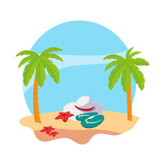 summer beach with palms and female hat scene