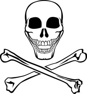 Jolly Roger. Skull with crossed bones. Monochrome vector, isolated, stylized image.