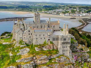 Aerial view St Michael's Mount is a small tidal island in Mount's Bay, Cornwall, England, United...