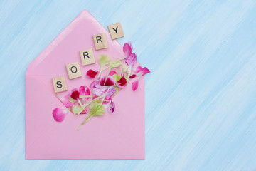 Word sorry, flowers and envelope on blue background.