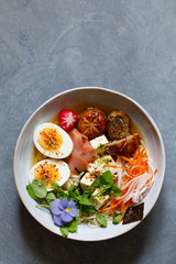 Japanese miso ramen with stuffed mushrooms, noodles and egg