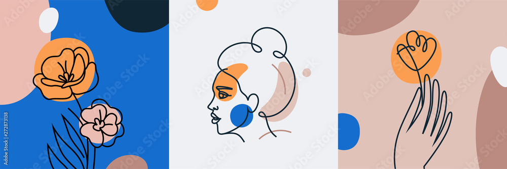 Poster Vector set of design templates and illustrations in minimal linear style - minimalistic modern art - female portrait and flowers - abstract t-shirt print  - beauty and fashion concept