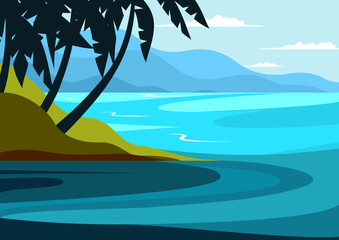 Contemporary tropical  landscape with  palms. Seascape with waves, cloudy sky and mountains.  Tourism and travelling. Vector flat design
