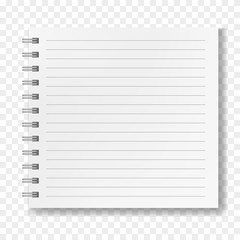 Blank white realistic vector square lined notebook with shadow, mockup. Notepad with opened ruled page on metallic spiral binder, textbook or organizer mockup for educational or business design