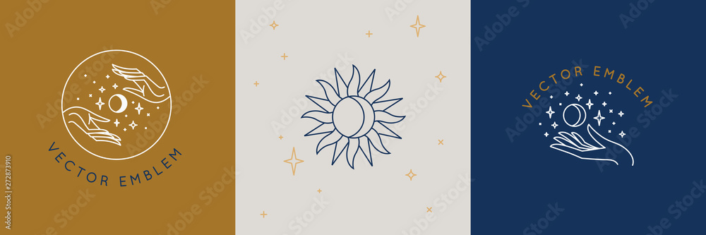 Poster vector abstract logo design template in trendy linear minimal style - hands, moon and stars - abstra