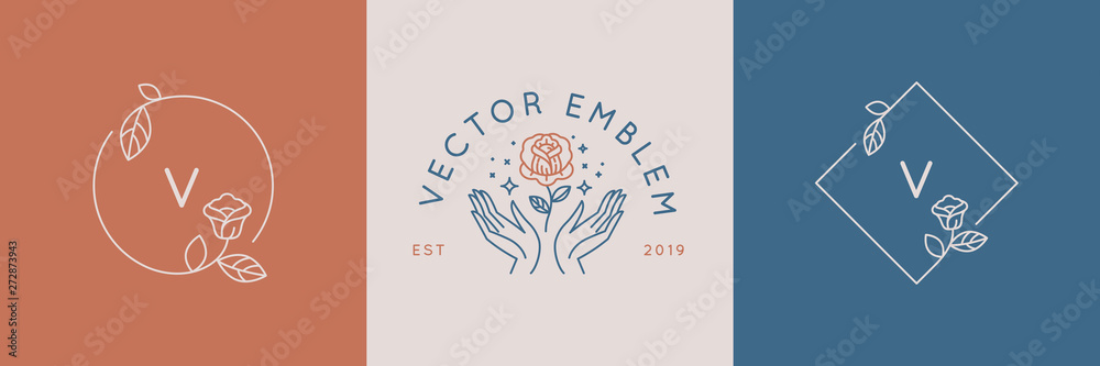 Poster Vector abstract logo design templates in trendy linear minimal style - hands with rose - symbols for cosmetics, jewellery, beauty and handmade products, tattoo studios 
