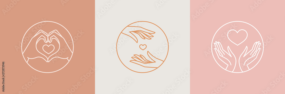 Aufkleber Vector abstract logo design template in trendy linear minimal style - hands making heart shape - abstract symbol for cosmetics and packaging, jewellery, hand crafted  or beauty products 