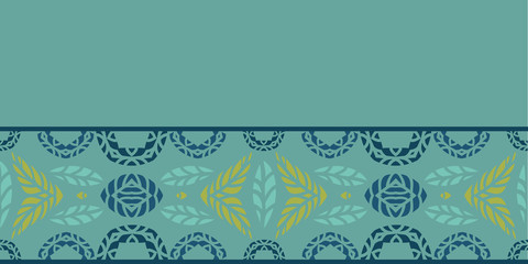 Jungle leaves mosaic seamless border design with circular mosaic mandalas and leaf fronds. Tropical blue, aqua and green. Great for surf wear, hawaiian shirt textiles, tiki home decor and fashion.