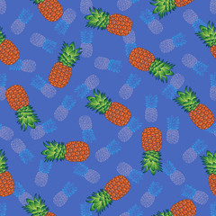 Bright seamless pineapple pattern on a blue background, vector.