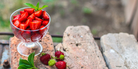 Strawberry dessert (fresh, organic berries) vitamins. food background. top