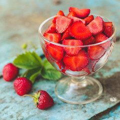 Strawberry dessert (fresh, organic berries) vitamins. food background. top