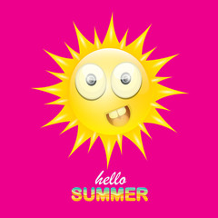 vector hello summer creative label with smiling shiny sun isolated on pink background. summer party background with funky sun character design template. vector summer icon