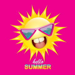 vector hello summer creative label with smiling shiny sun isolated on pink background. summer party background with funky sun character design template. vector summer icon