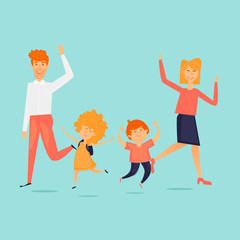 Family jumps for joy, adults and children, dad and mom. Flat design vector illustration.