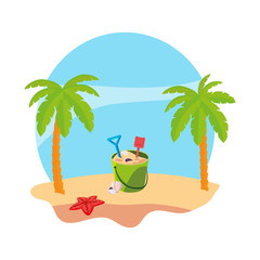 summer beach with palms and sand bucket toy scene
