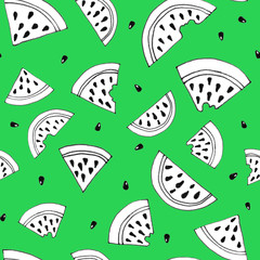 Slice of watermelon seamless pattern. Illustration in black and white color on green. Coloring page, paper book.