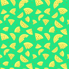 Slice of watermelon seamless pattern. Illustration in black and white color on green. Coloring page, paper book.