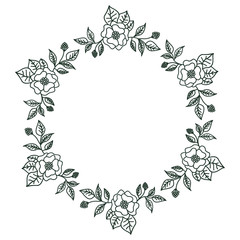 Wreath of black flowers on a white background. Round frame for the label. Decoration for wedding cards.