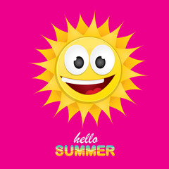 vector hello summer creative label with smiling shiny sun isolated on pink background. summer party background with funky sun character design template. vector summer icon
