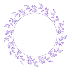 Wreath of lilac flowers on a white background. Round frame for the label. Decoration for wedding cards.