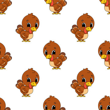 Happy turkey. Colored seamless pattern with cute cartoon character. Simple flat vector illustration isolated on white background. Design wallpaper, fabric, wrapping paper, covers, websites.