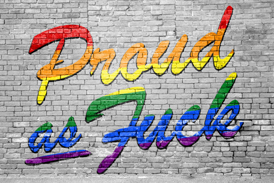 Proud as fuck rainbow lettering gay pride Graffiti on Brick Wall 