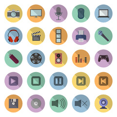 Lot de 25 icônes type multimédia, informatique, audio et vidéo