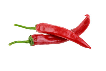 two hot red jalapeno peppers on white background