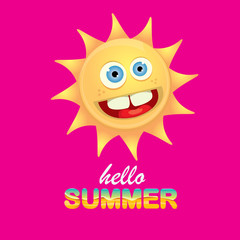 vector hello summer creative label with smiling shiny sun isolated on pink background. summer party background with funky sun character design template. vector summer icon
