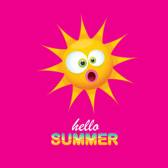 vector hello summer creative label with smiling shiny sun isolated on pink background. summer party background with funky sun character design template. vector summer icon