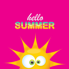 vector hello summer creative label with smiling shiny sun isolated on pink background. summer party background with funky sun character design template. vector summer icon