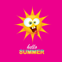 vector hello summer creative label with smiling shiny sun isolated on pink background. summer party background with funky sun character design template. vector summer icon