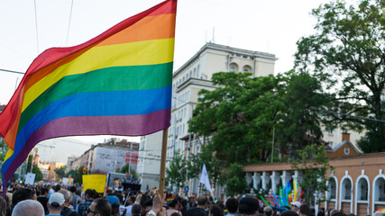 Sofia / Bulgaria - 10 June 2019: Supporters wave rainbows flags on the sidelines of the annual Pride Parade
