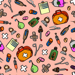 medicine pattern doodle color treatment pills equipment seamless background pharmacy sketch