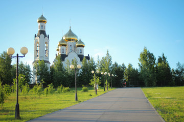 church with gold domes in the russia