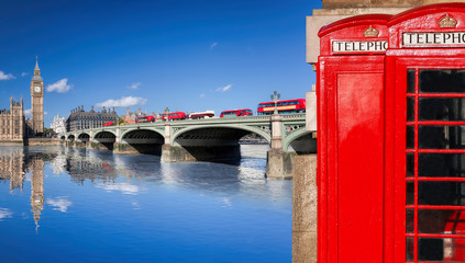 London symbols with BIG BEN, DOUBLE DECKER BUSES and Red Phone Booths in England, UK