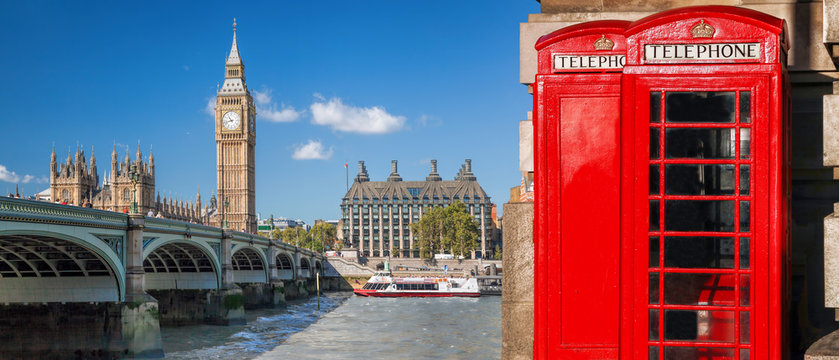London symbols, Big Ben and Red Phone Booths with boat on river in England, UK © Tomas Marek
