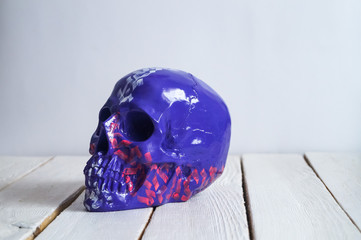 skull on the white wall and wood background