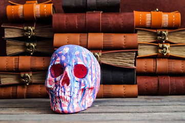 skull on the leather journal book background