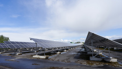 A field with solar panels for power generation. Solar panels after the rain