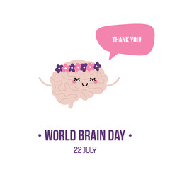 Vector illustration for world brain day with cute cartoon style brain character in floral wreath, smiling, saying thank you.