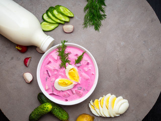 Cold young beetroot soup. Traditional ukrainian russian polish Latvian beet soup. Cold borscht