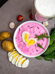 Cold young beetroot soup. Traditional ukrainian russian polish Latvian beet soup. Cold borscht
