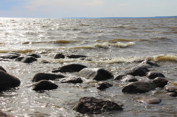 Large waves of sea and stones beach