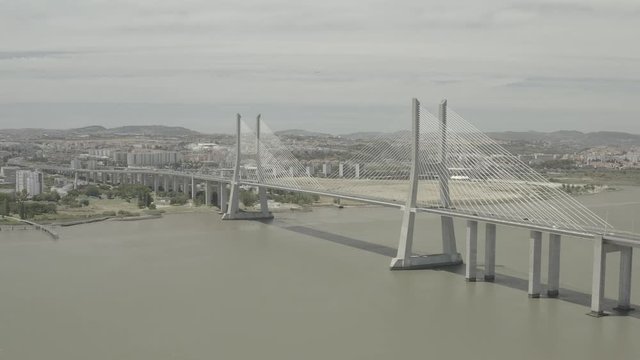 Vasco de Gama bridge in Lisbon, Portugal, 4k aerial ungraded raw