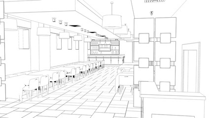 restaurant, 3D illustration, sketch, outline